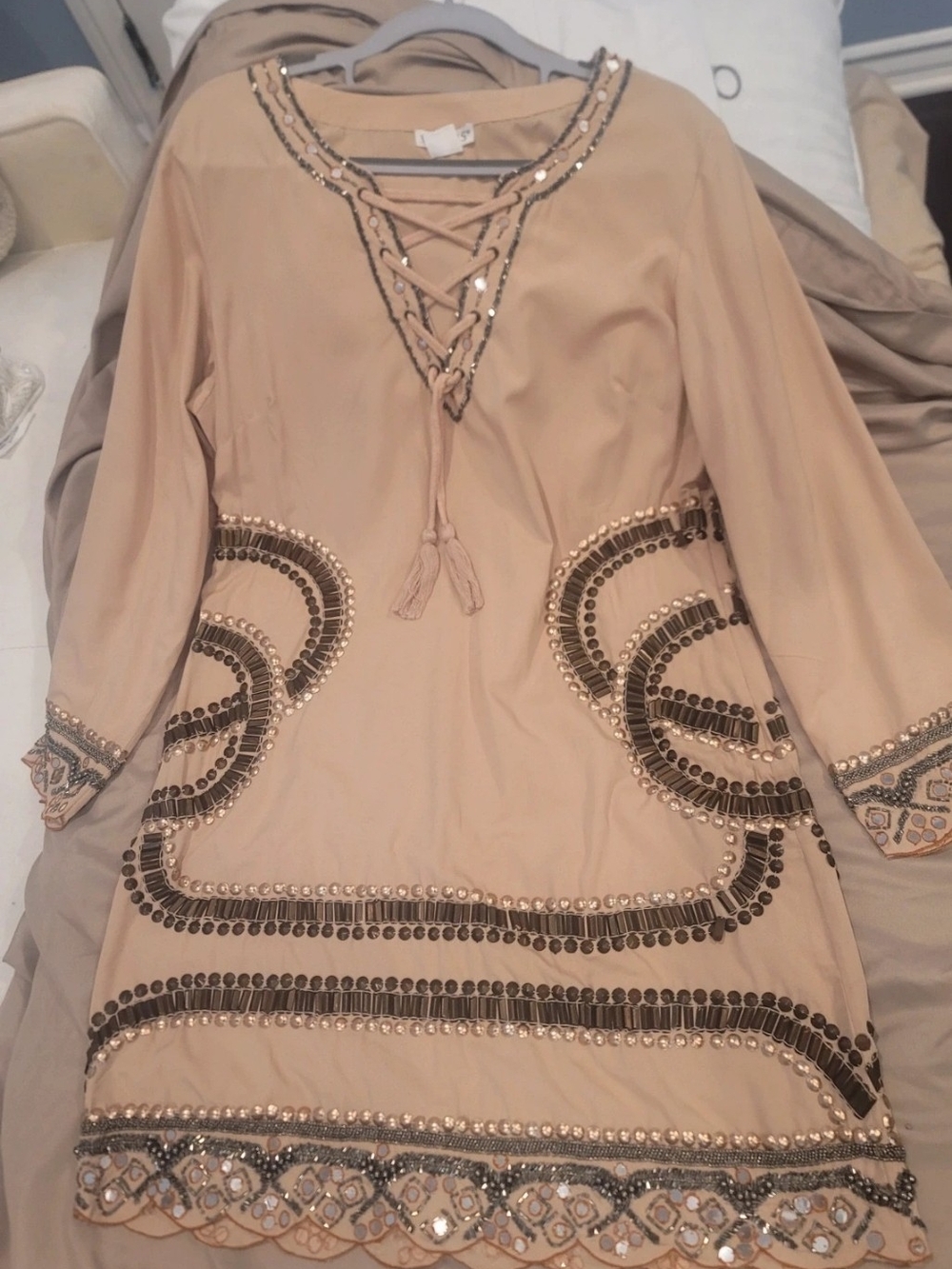 VENUS Beige Embroidered Tassel Tunic Dress - Picture 6 of 10